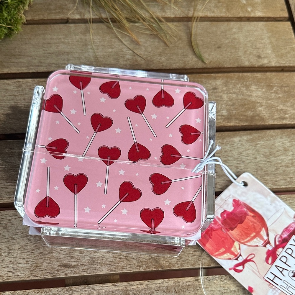 Valentine’s heart lollipop set of 4 coasters with holder